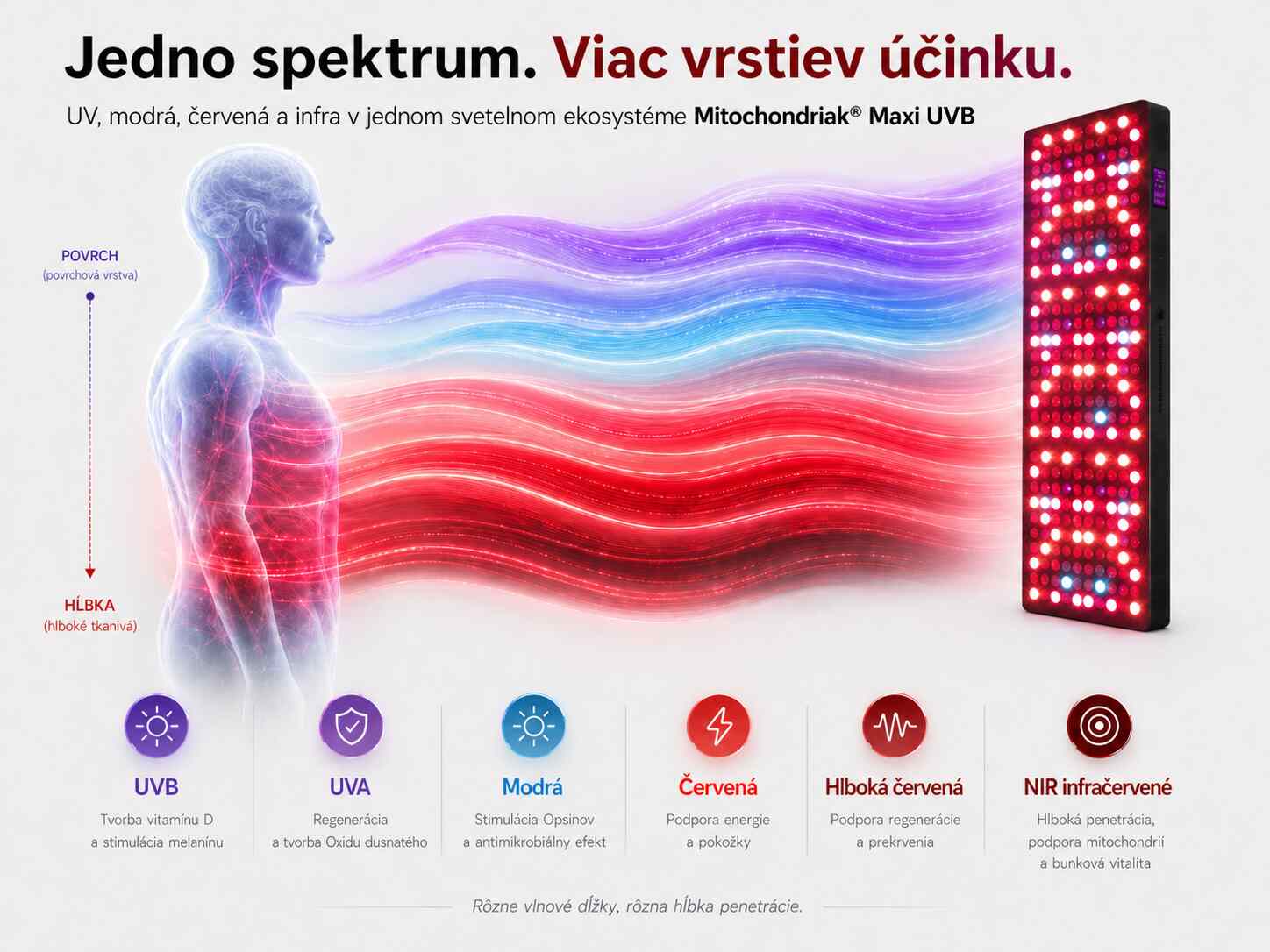 Infrapanel Mitochondriak Maxi UVB svetelné spektrum vlnové dĺžky infografika