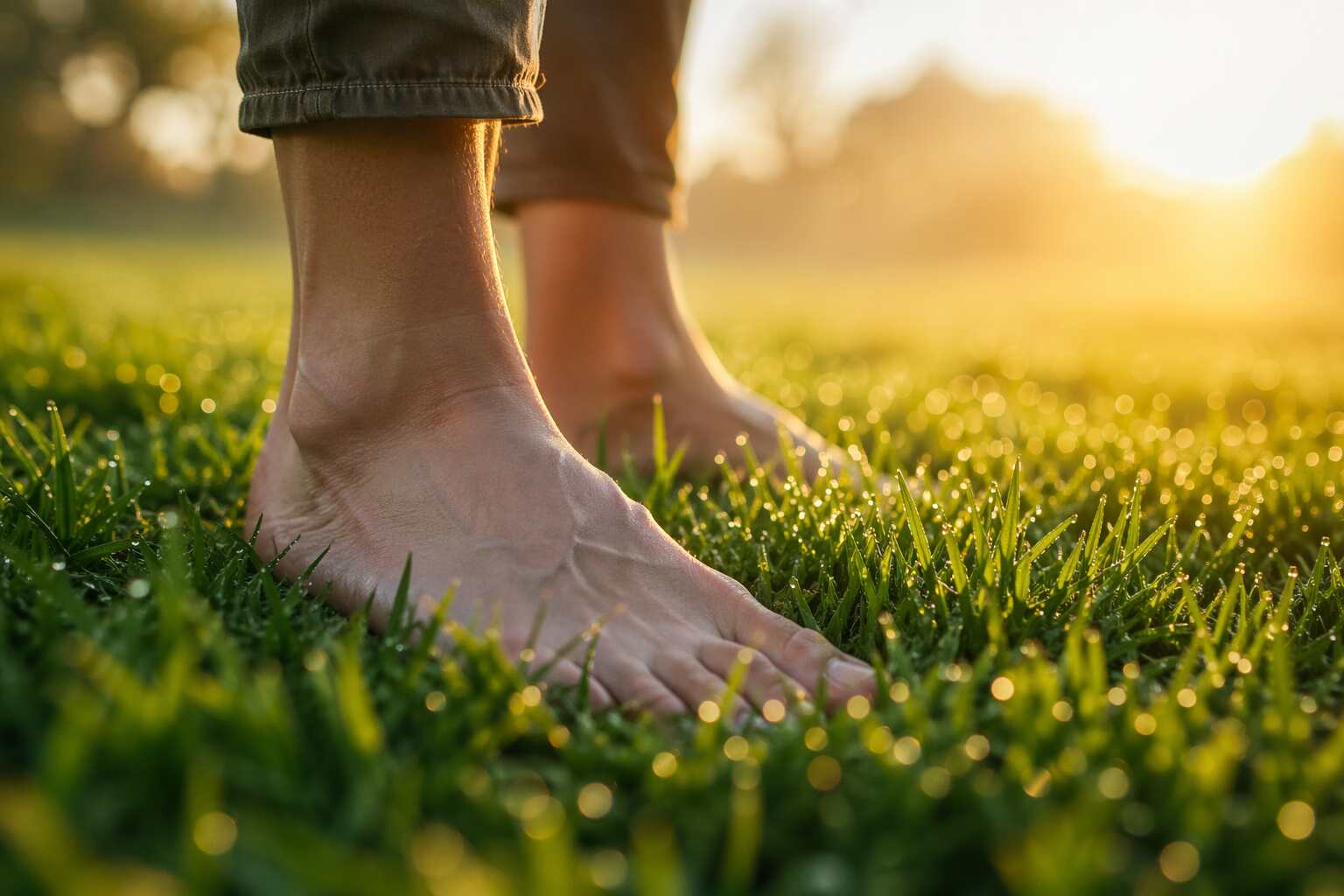 Grounding wiosną boso na porannej trawie, uziemienie i zdrowie dobowe