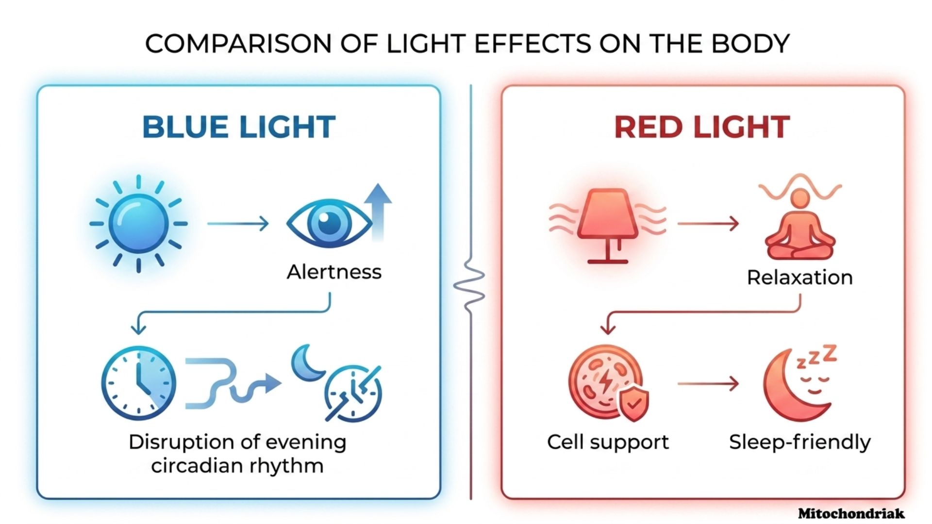 Blue light versus red light infographic showing circadian rhythm and sleep impact