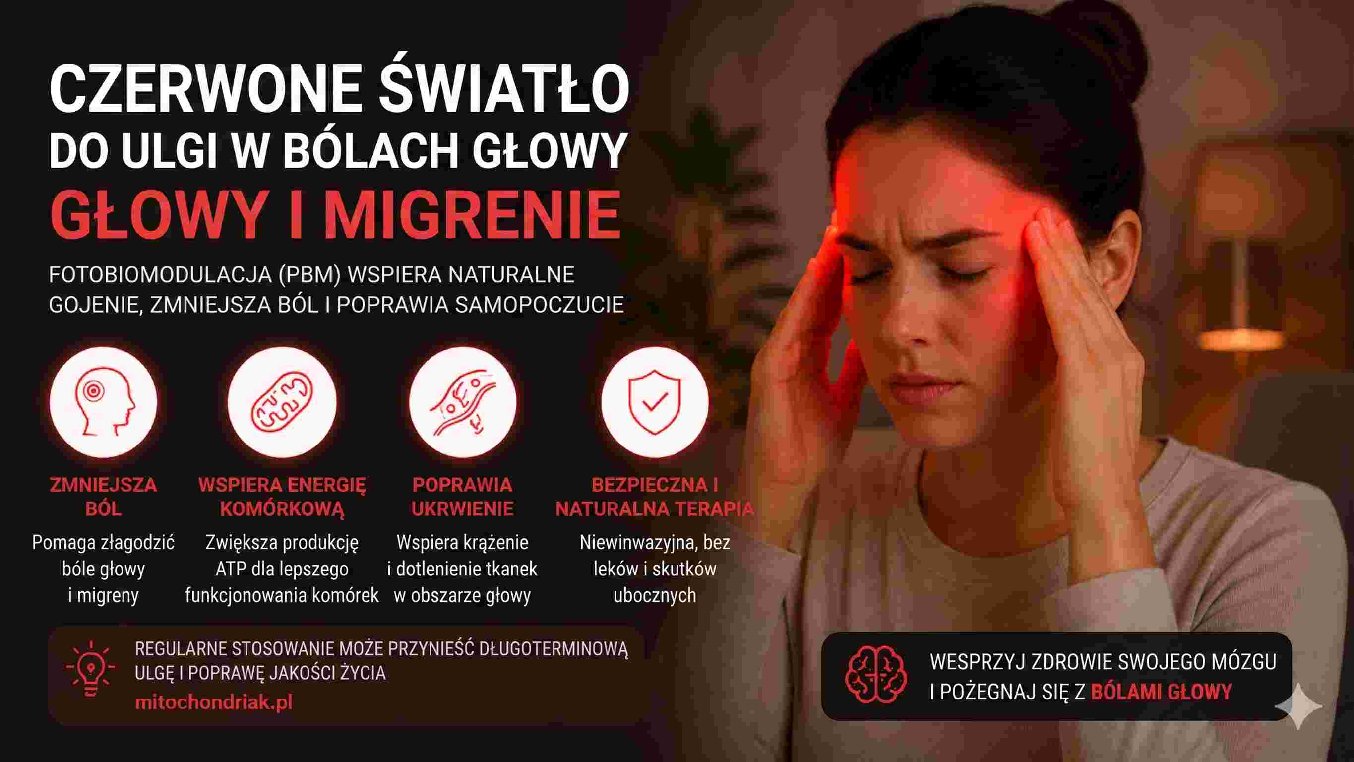 Infografika czerwone światło a ból głowy i migrena
