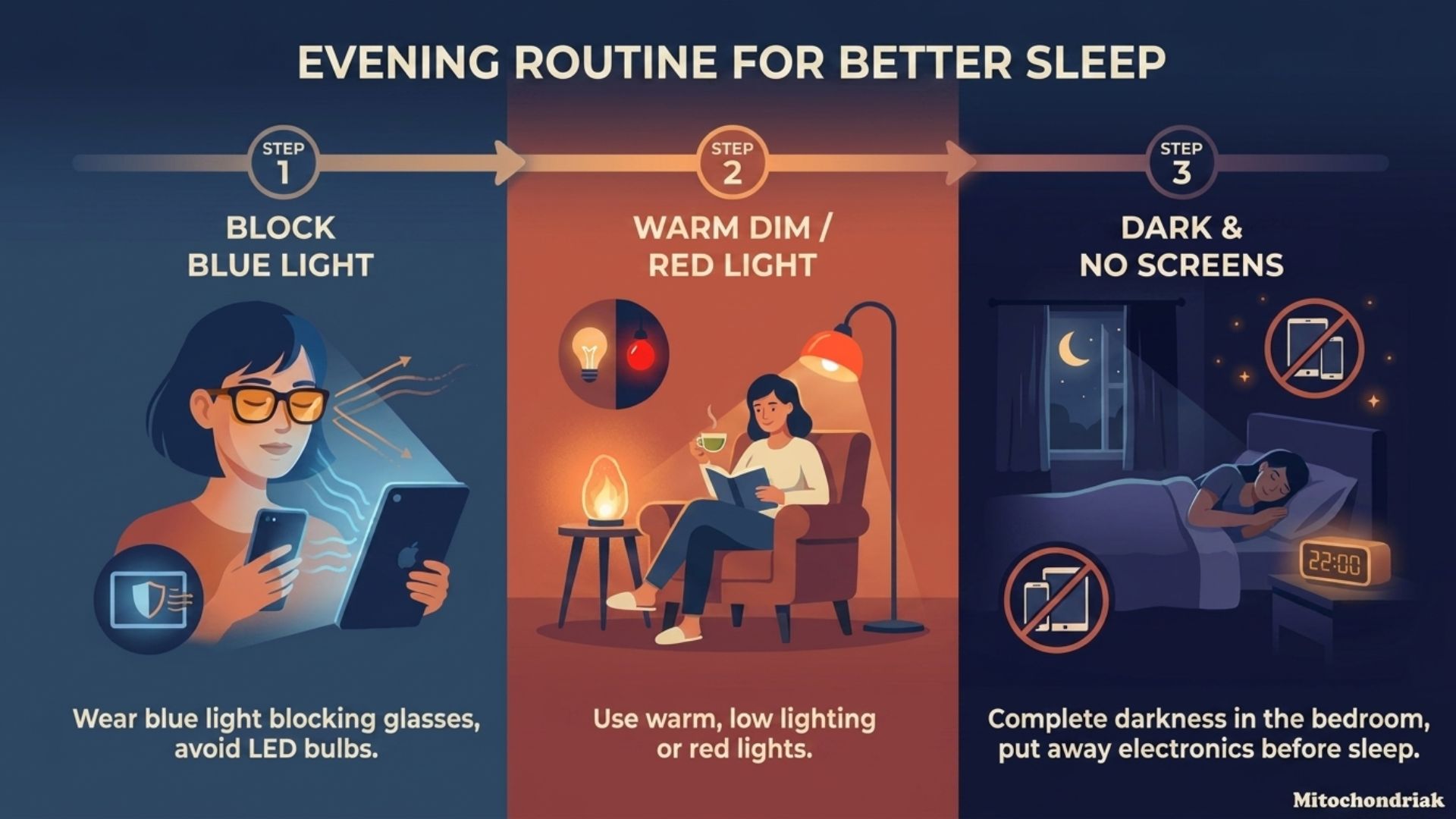 Evening routine infographic showing blue light management and sleep hygiene