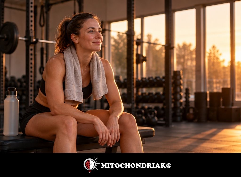 Frau sitzt nach dem Training mit Handtuch auf einer Bank in einem Fitnessstudio, durch die Fenster fällt Abendsonne