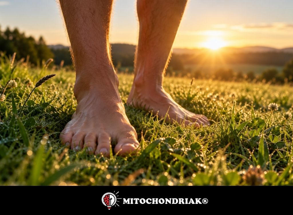 Nackte Füße im taufeuchten Gras im Gegenlicht der tief stehenden Sonne