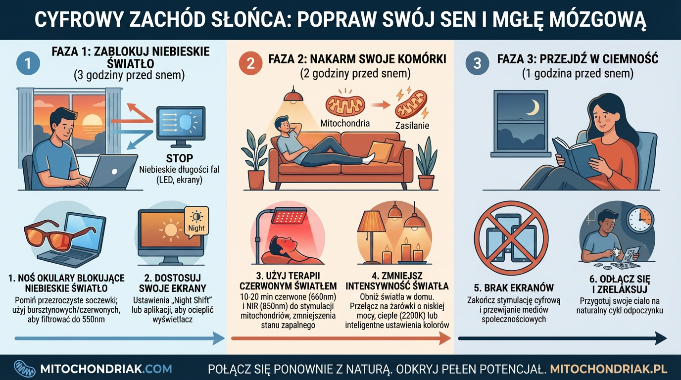 Infografika Digital Sunset sen niebieskie vs czerwone światło rytm dobowy
