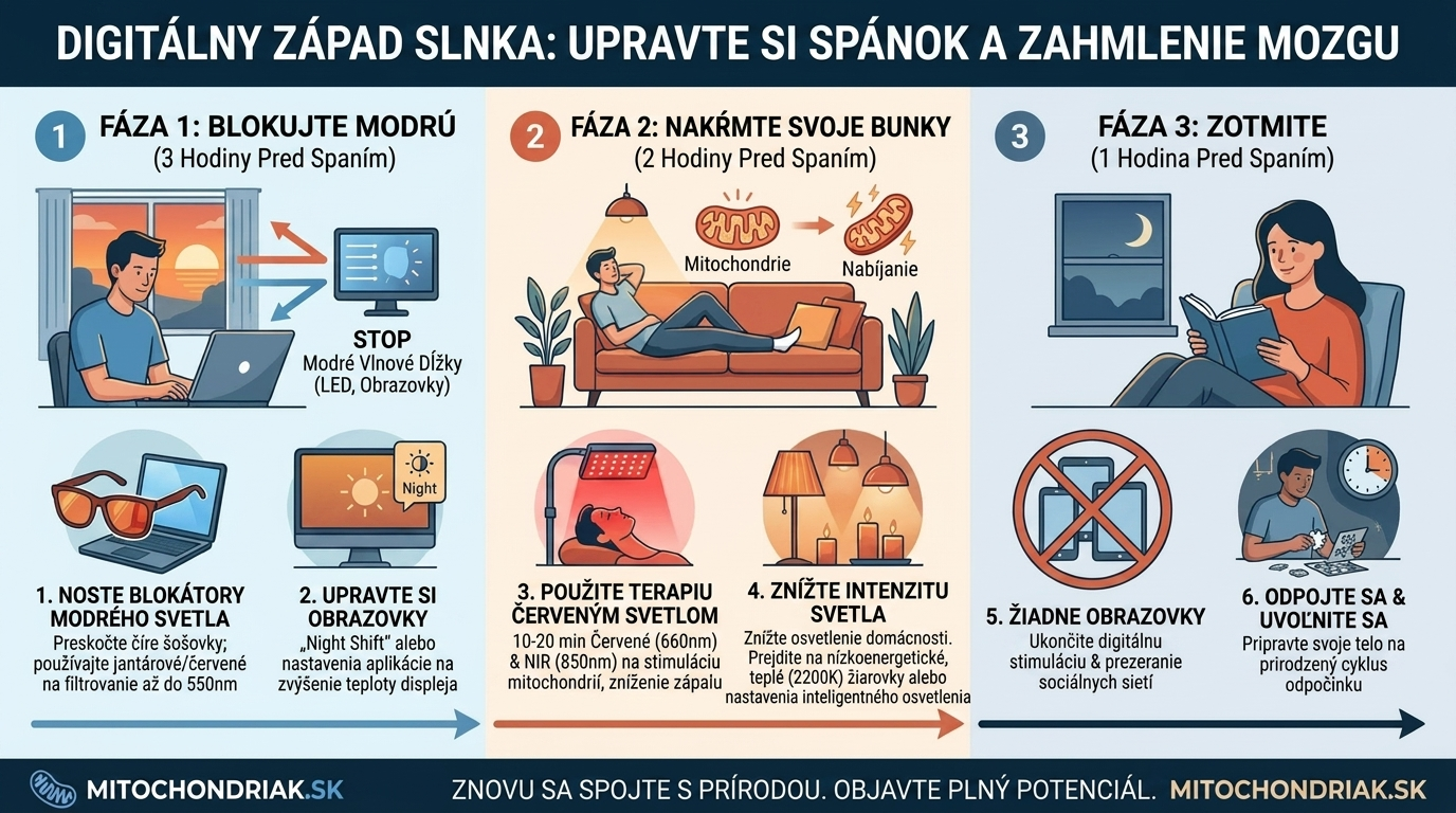 Infografika Digital Sunset spánok modré vs červené svetlo cirkadiánny rytmus