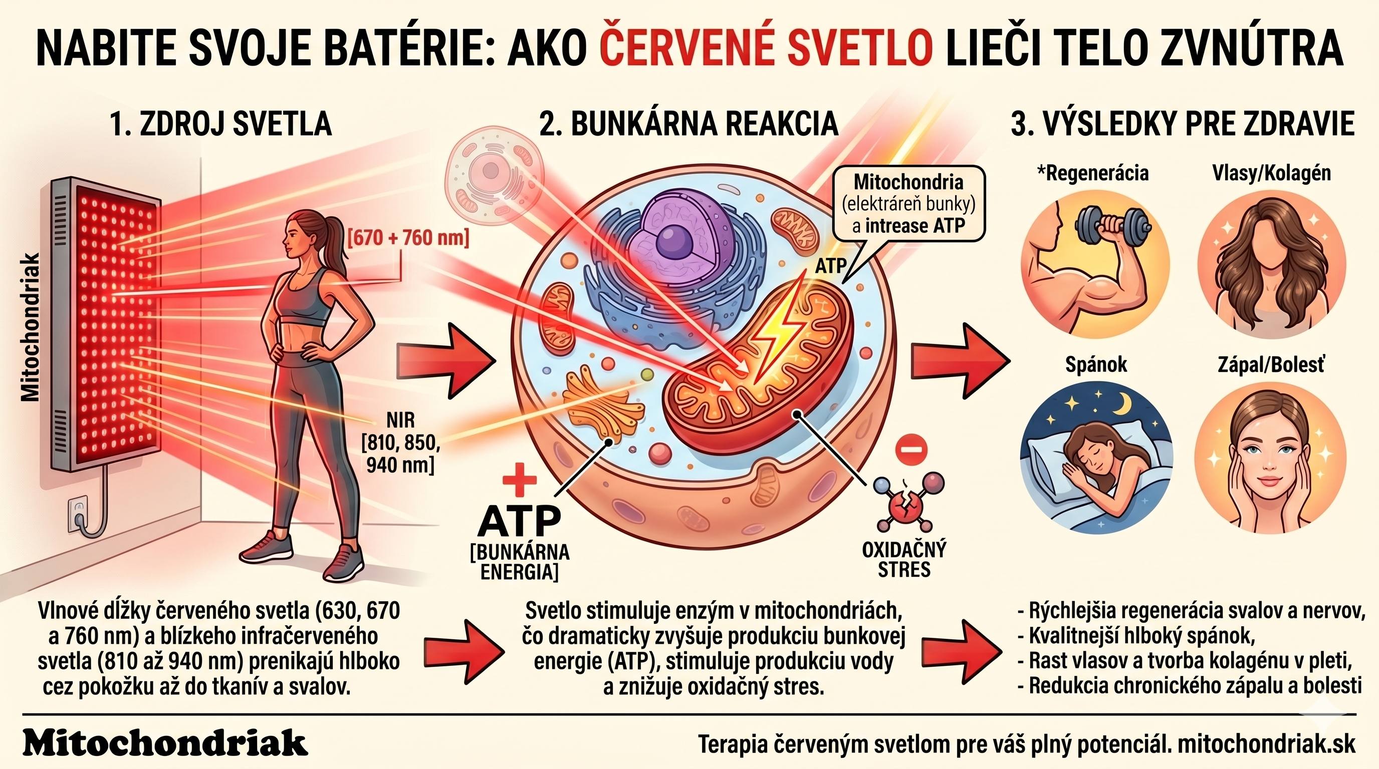 Infografika ako červené svetlo stimuluje mitochondrie a ATP produkciu