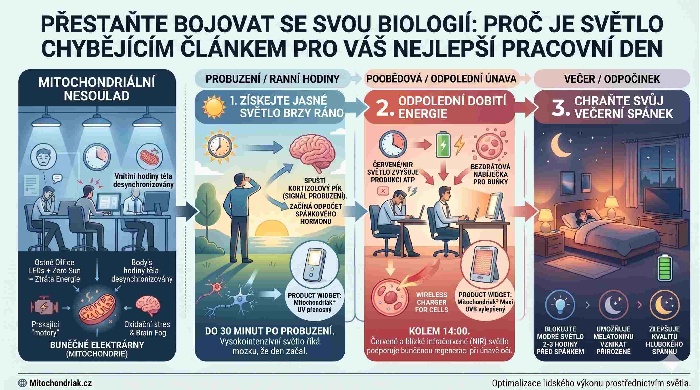 Infografika světlo, cirkadiánní rytmus, energie a mitochondrie během pracovního dne