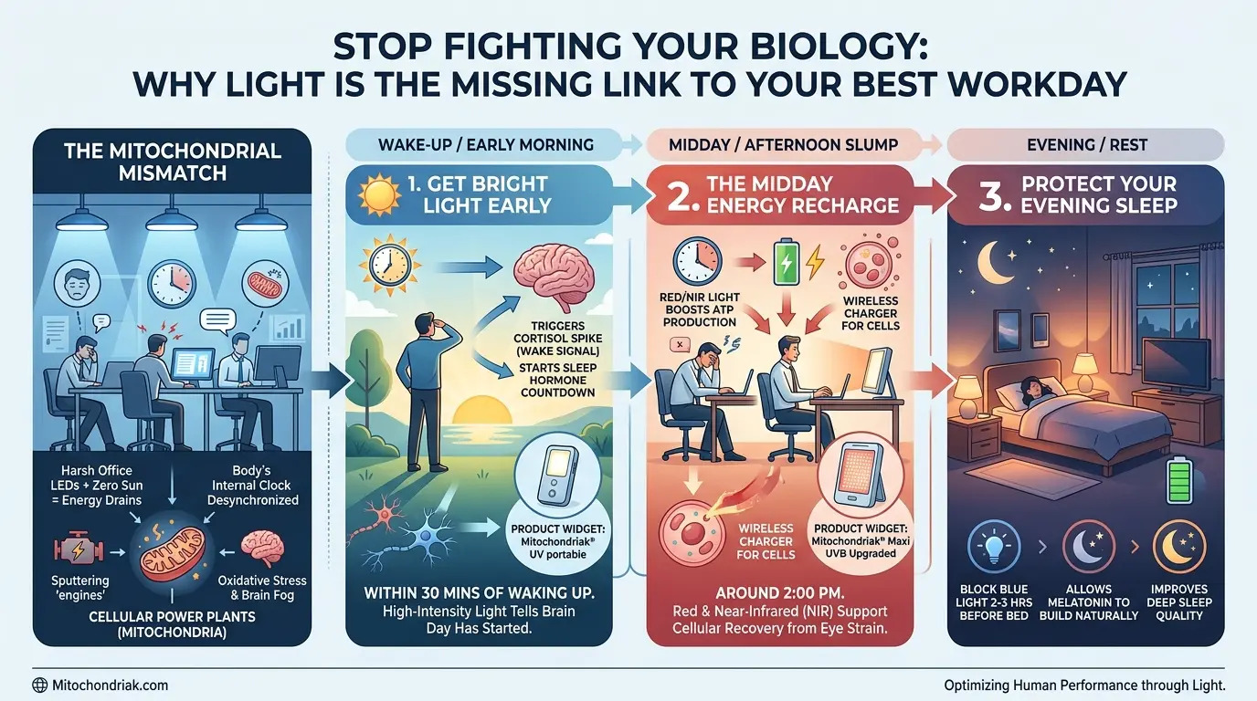 Infographic showing light, circadian rhythm, energy and mitochondria for redox balance