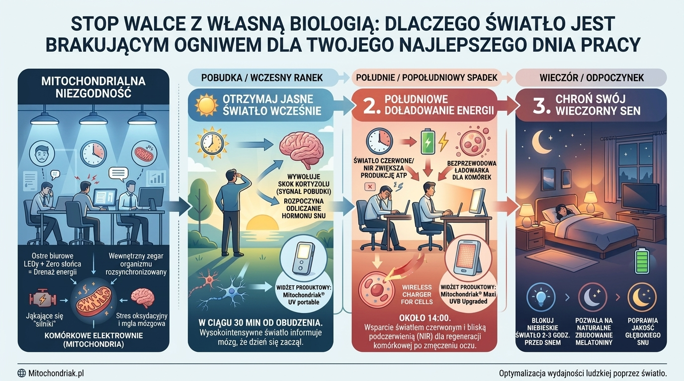 Infografika: światło, rytm dobowy, energia i mitochondria, równowaga redoks