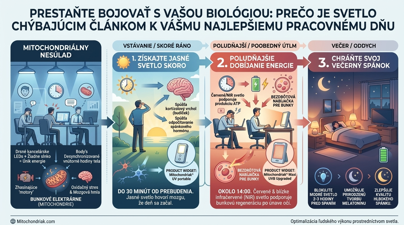 Infografika svetlo, cirkadiánny rytmus, energia a mitochondrie počas pracovného dňa, slovenčina