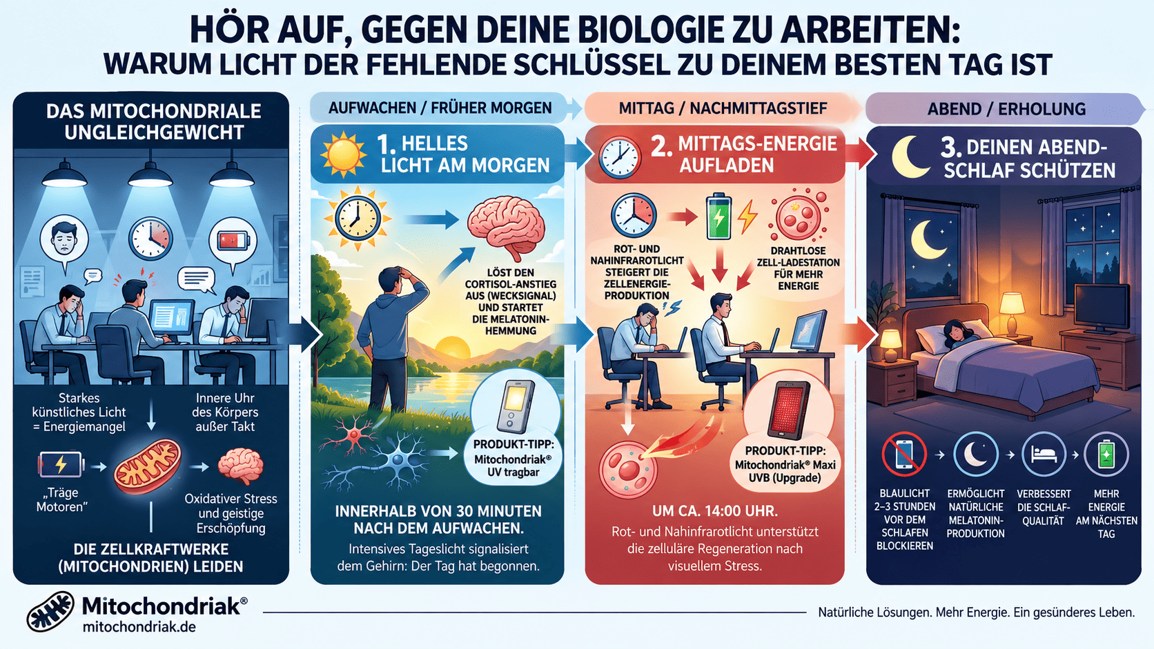 Infografik: Licht im Arbeitsalltag, zirkadianer Rhythmus, Energie und Mitochondrien