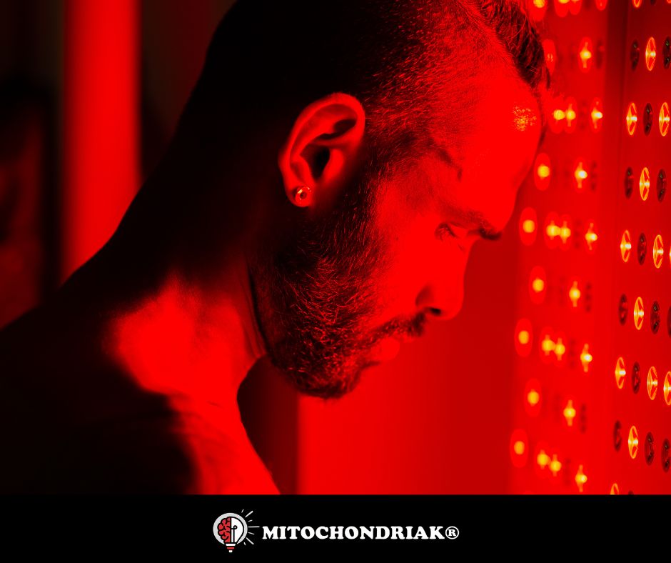 Detail terapie červeným světlem na obličej z boku při růžovce