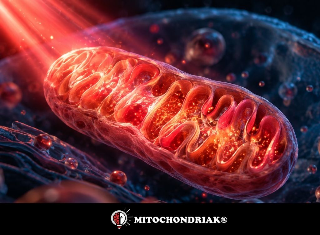 Illustration eines Mitochondriums mit gefalteter Innenmembran, auf das ein Strahl roten Lichts trifft