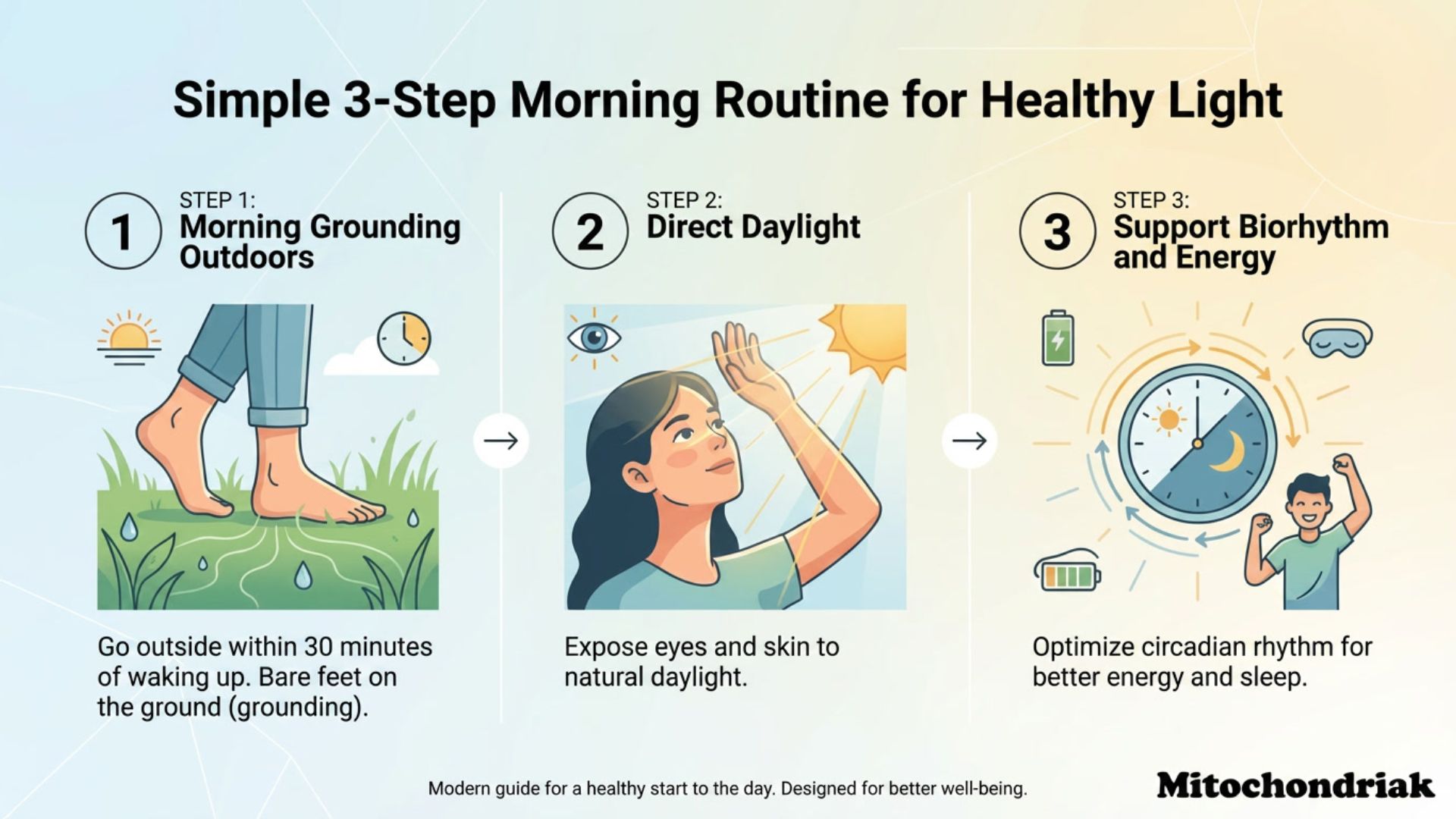 Morning routine with grounding and sunlight for circadian energy optimization