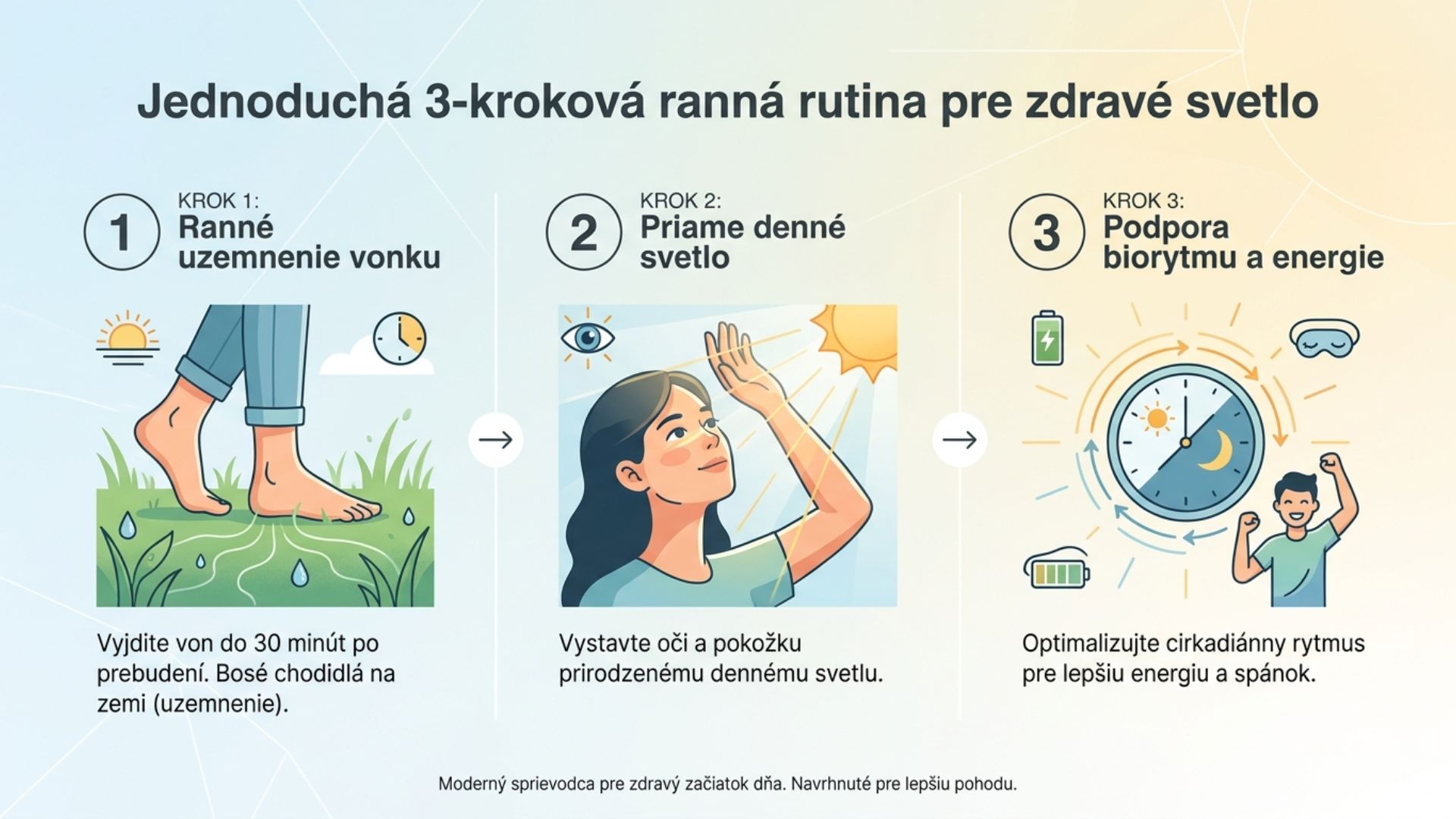 Ranná rutina, grounding, slnečné svetlo a cirkadiánna energia, infografika v slovenčine