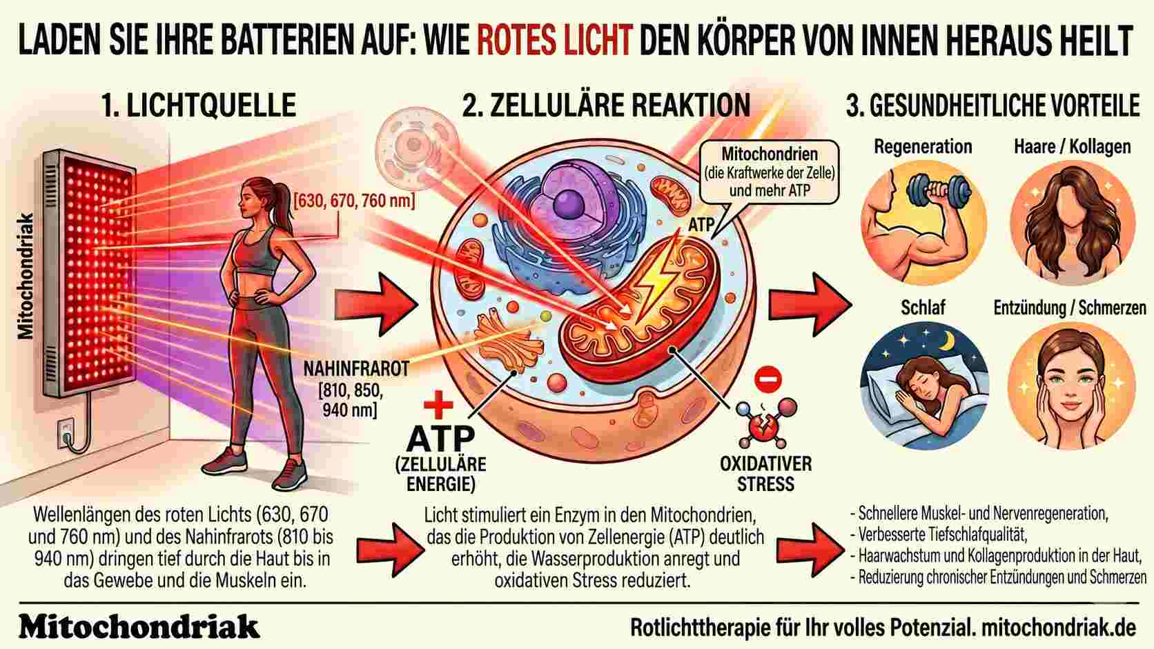 Infografik zu Rotlicht, Nahinfrarot, Mitochondrien und ATP