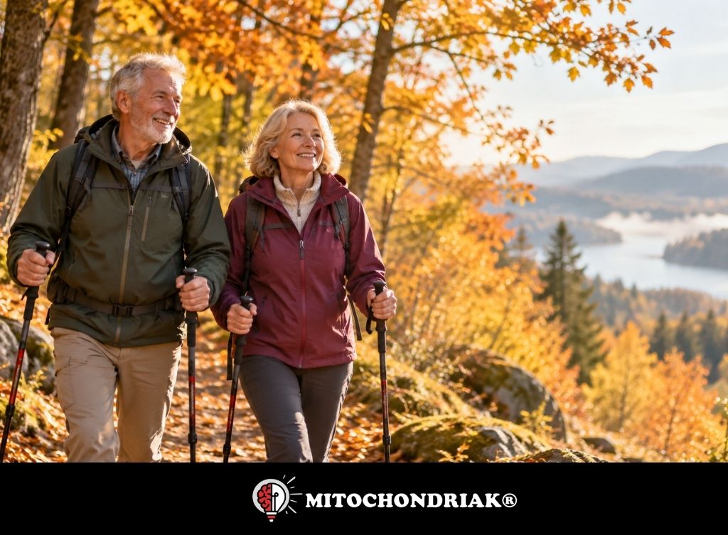 Älteres Paar wandert mit Trekkingstöcken durch einen sonnigen Herbstwald, im Hintergrund ein See und bewaldete Hügel