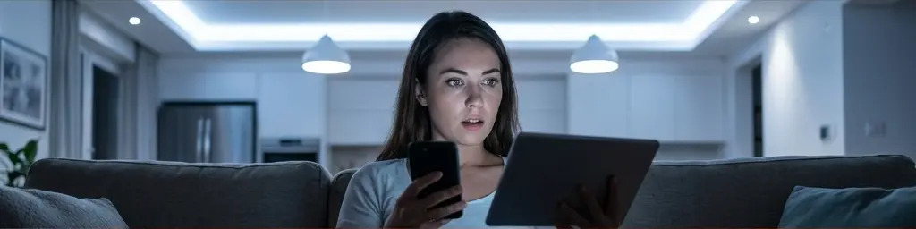 Modré svetlo z telefónu a tabletu večer v spálni