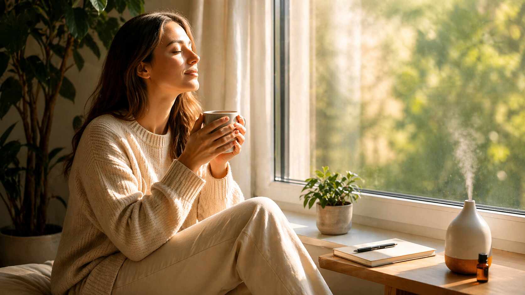 Woman by a window with sunlight, melanopsin and circadian rhythm