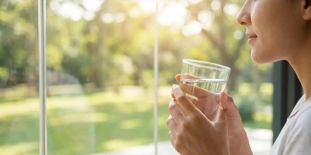 Frau hält an einem großen Fenster ein Glas Wasser in beiden Händen, draußen liegt ein sonniger, grüner Garten mit Bäumen