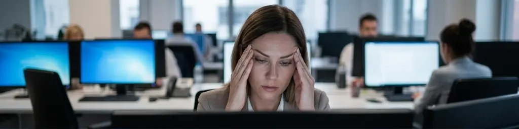 Žena s bolestí hlavy u monitoru modré světlo migréna