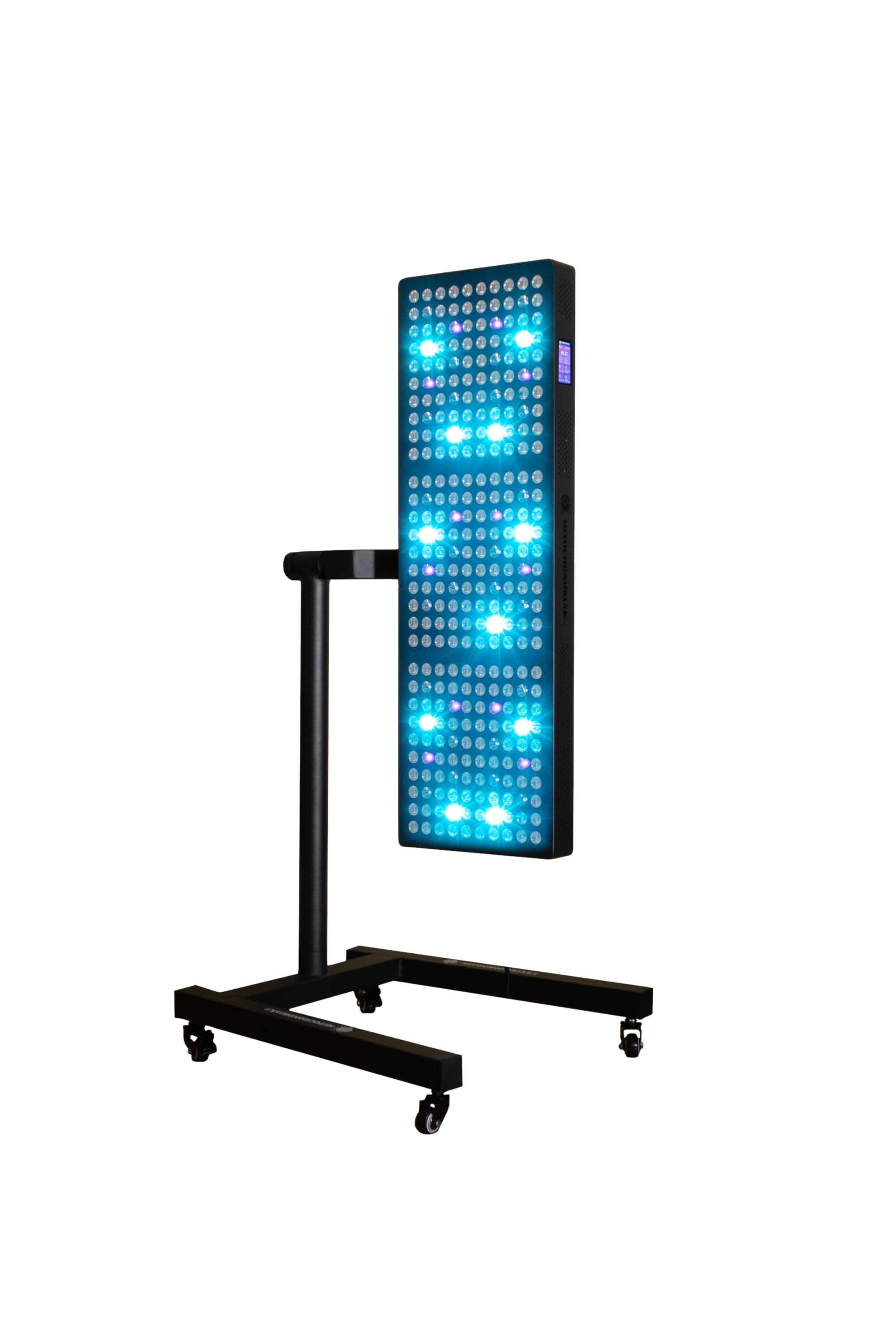 Mitochondriak® Maxi UVB red light therapy panel on a floor stand with UV and blue light switched on